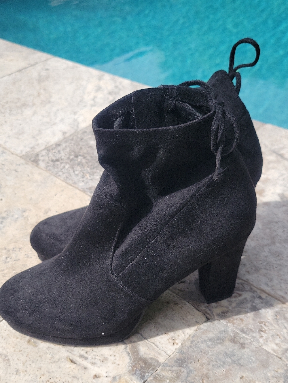 Black Velvet Soft Ankle Heeled Boots With Bow Detail Sz 7.5